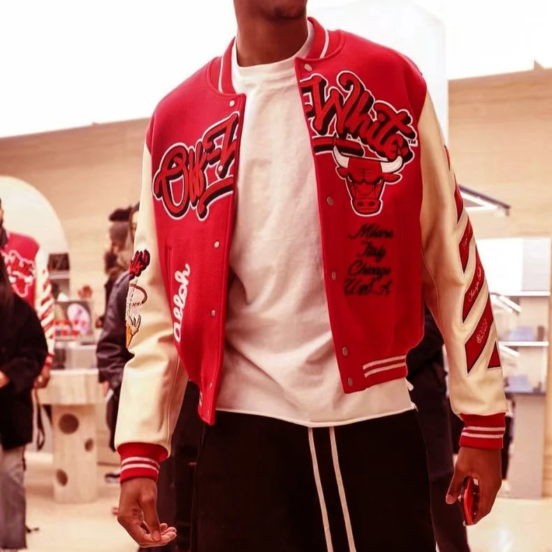 Casual Winter Wear and Rib Thick Woolen Letterman Stand Collar Varsity Jackets with Leather Sleeves