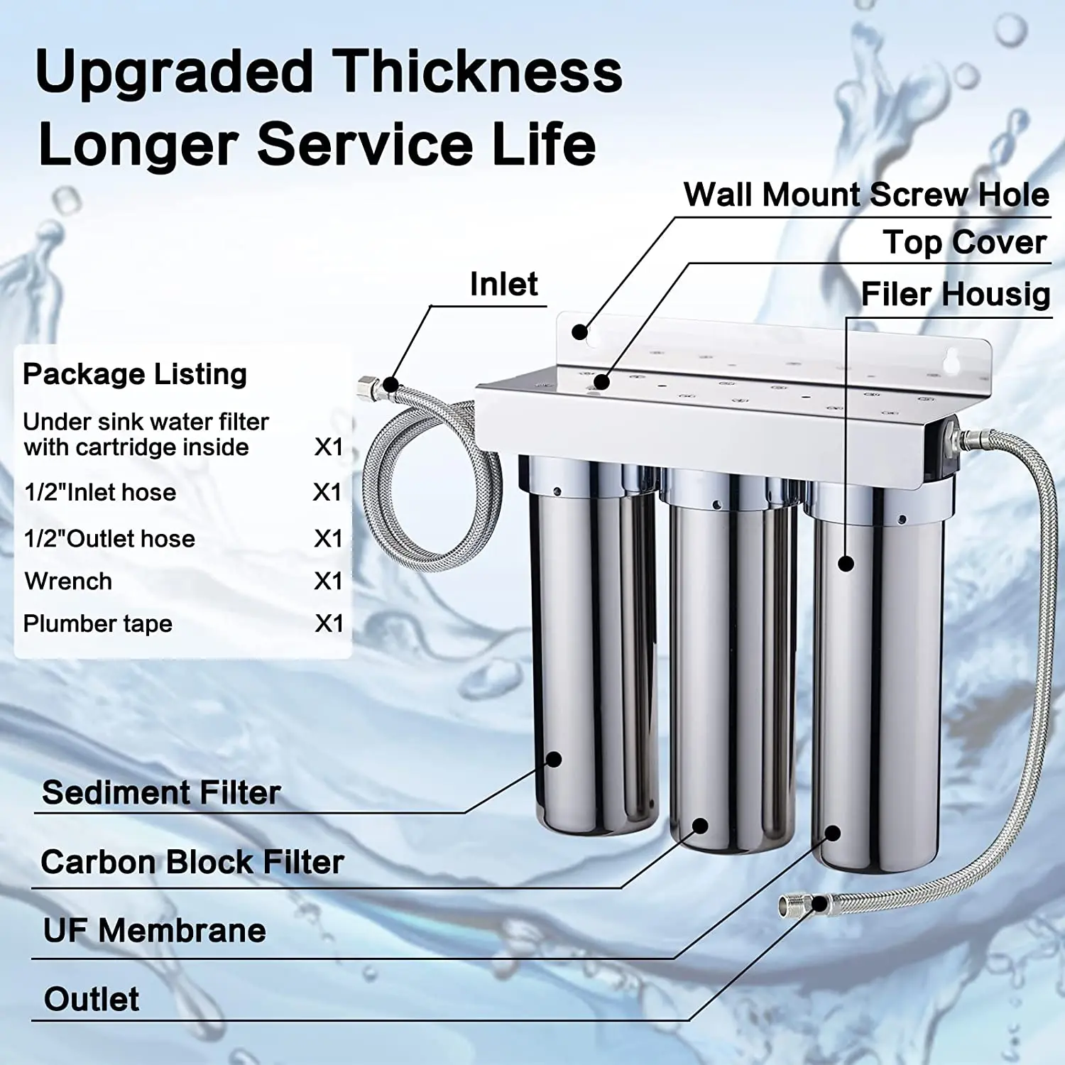 3-Stage 304 Stainless Steel Under Sink Water Filter Whole House Water Filter System Direct Connect to Home Faucet factory sale