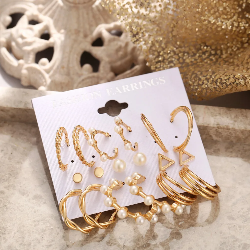  Retro personality 9 pairs ear ring inlaid pearl small earring earings set simple elegant