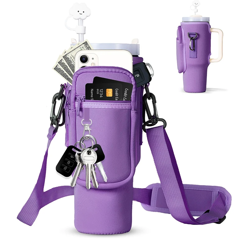40 oz Neoprene Cup Covers Water Bottle Holder Pouch Crossbody Water Bottle Carrier Bag with Phone Pocket for 40oz Tumbler Cup