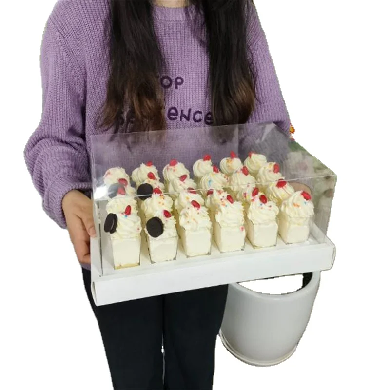 Handmade Transparent Bio-Degradable Plastic Cake Box Gold Foil Mini Square Circular Cupcake Packaging 6/12/24 Holes Paper Boxes