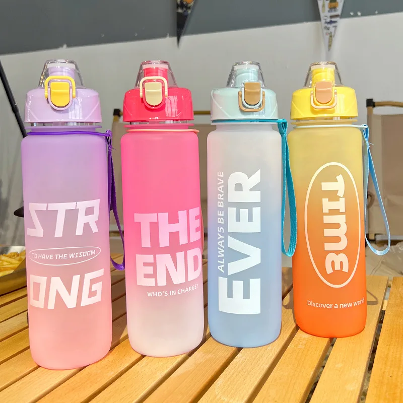 1L 32oz Custom Plastic Straw Strainer Filter Gym Sports BPA Free Tritan Motivational Water Bottle With Time Marker