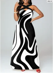 Casual Dress Print Women 2023 Criss Cross Geometric Print Black Maxi Dress