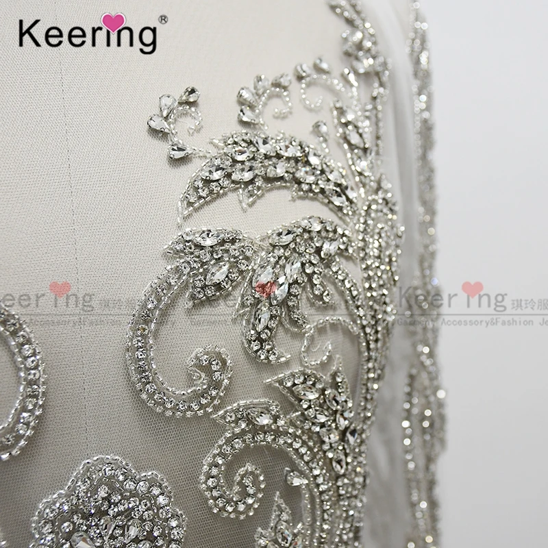 WDP-069-2 Hot design white sleeve long dress rhinestone dress applique for wedding dress ball gown