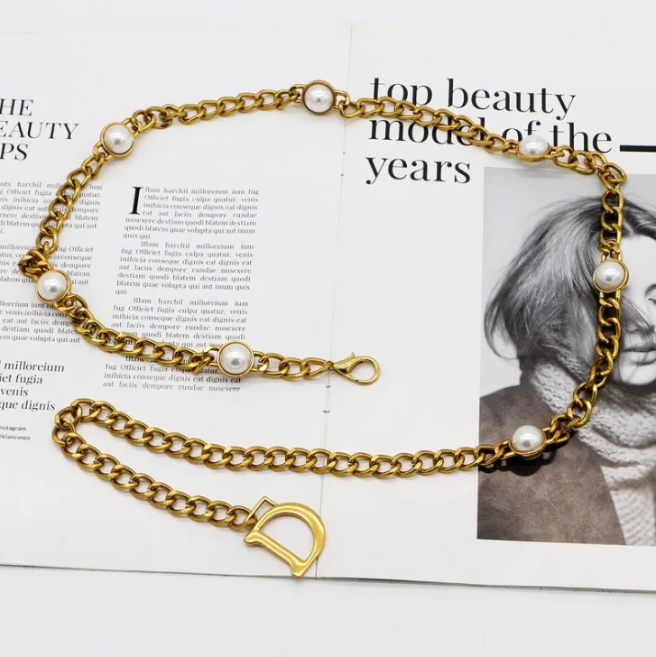 Women Metal Imitation Pearl Beads Thin Waist Chain Belt Adjustable Size Gold Waist Chain Dress Accessories