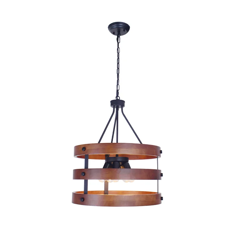 Nordic Industrial vintage iron wood Indoor retro loft Hanging pendant Light Metal Rustic round LED antique Wooden Chandelier