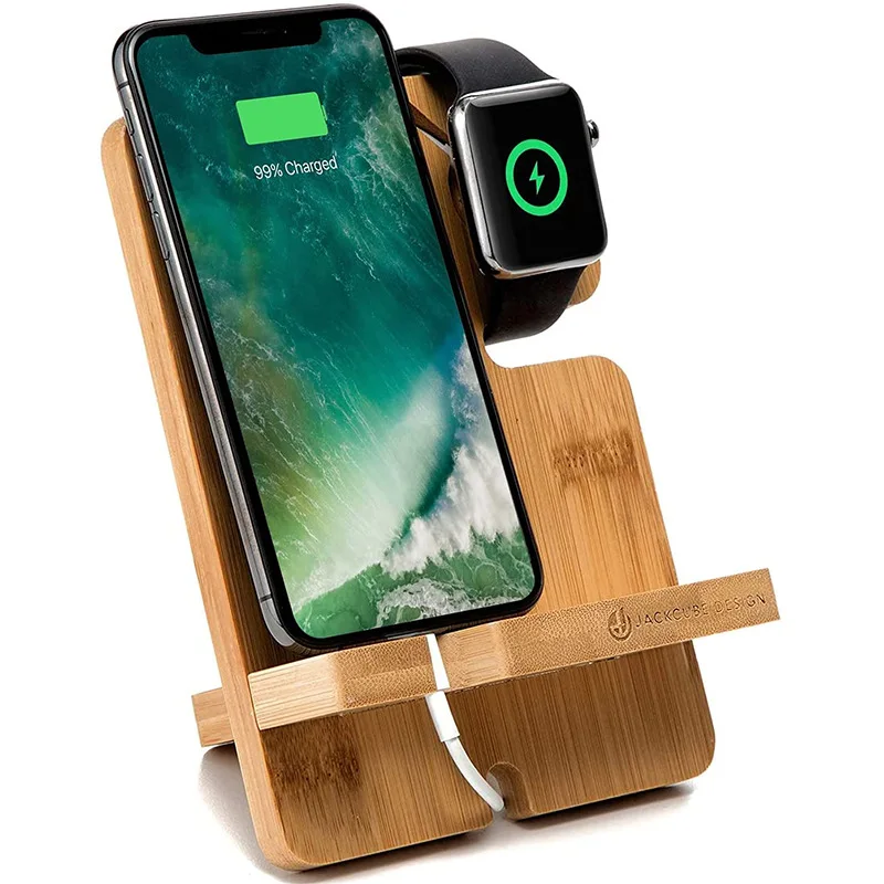 Amazon Hot selling Wood Phone Docking Station Bamboo Watch Charger Stand Mobile Phone Charging Station