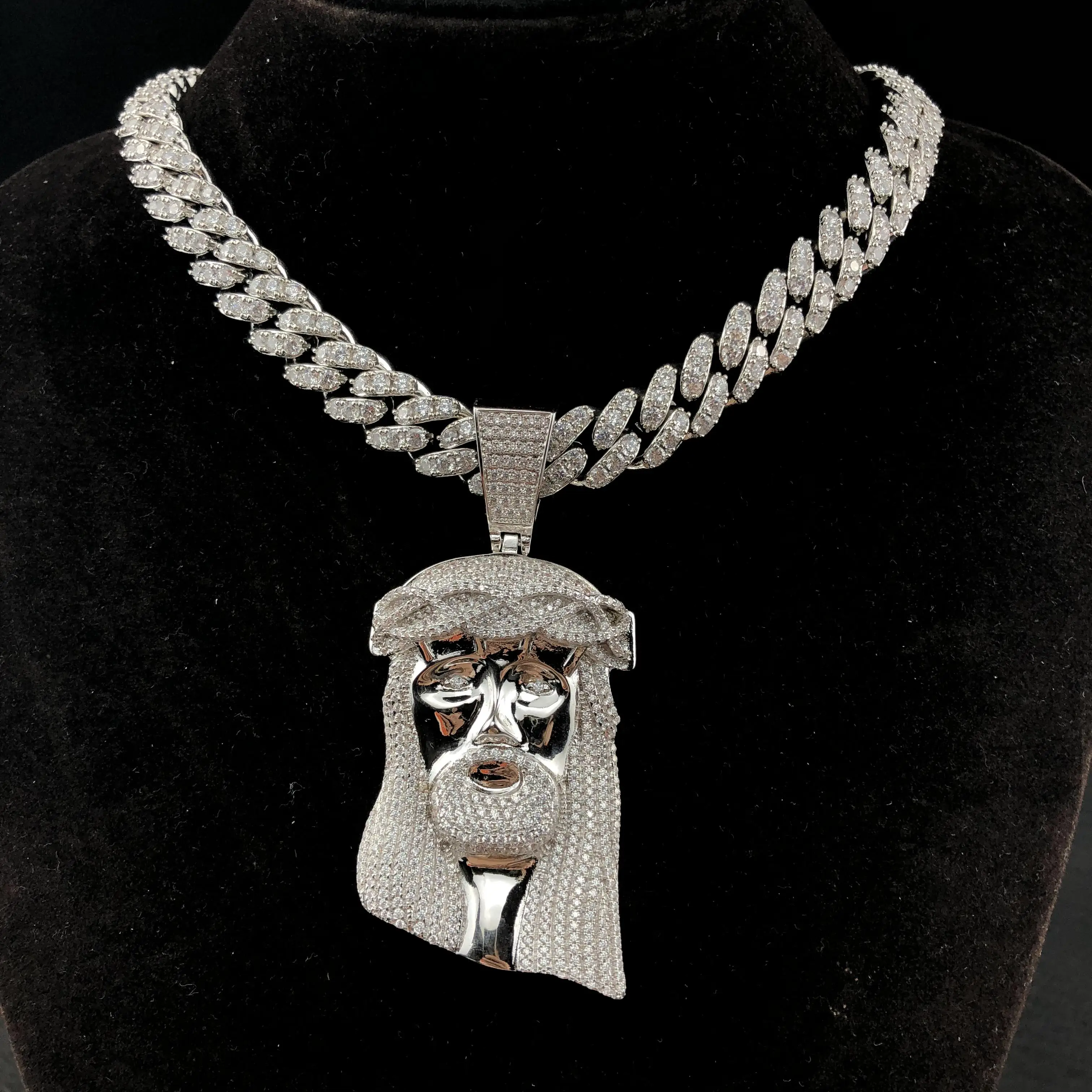 Vintage avatar pendant full of zircon, tall pendant accessory, Jesus pendant