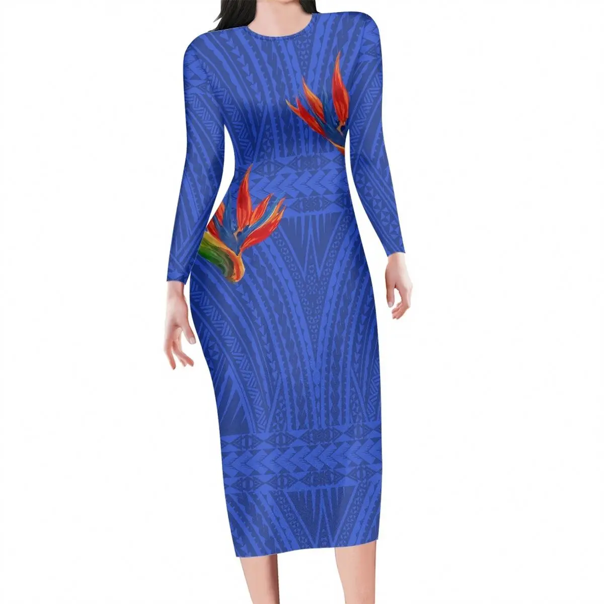 Woman Long Sleeve Bodycon Dress Polynesian Tribal Fiji Flower Print  Women Club Dresses Sexy Custom Plus Size Dress For Woman