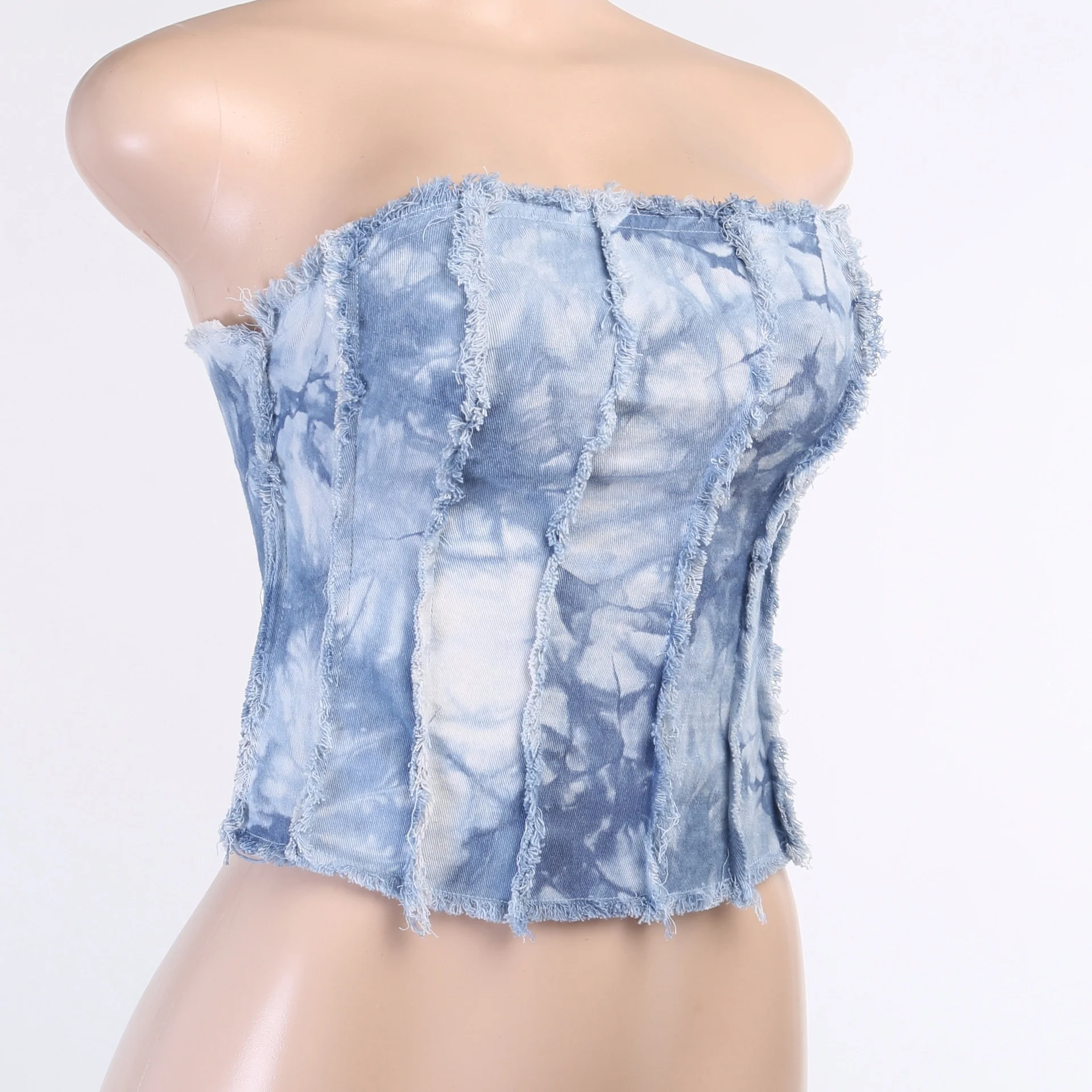 Z13174 Fashion Sexy Tie Dye Denim Camis Skinny Hollow Out Back Bandage Bustier Strapless Corset Jeans Crop Tops for Women Crop