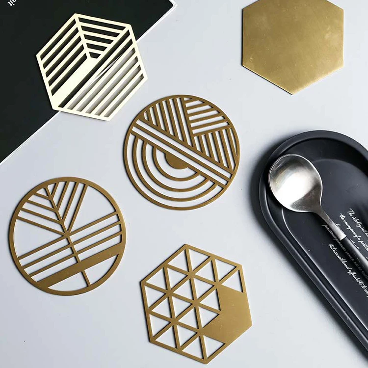 Custom Hexagon Round Metal Brass Cup Coasters Home Decor Table Beer Metal Coasters For Drinks