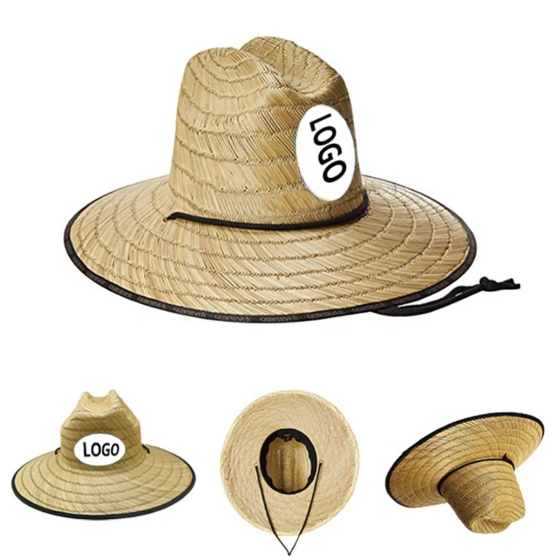 Custom sombrero summer wide brim hand made natural straw lifeguard hat with printed under brim Fabric beach hats