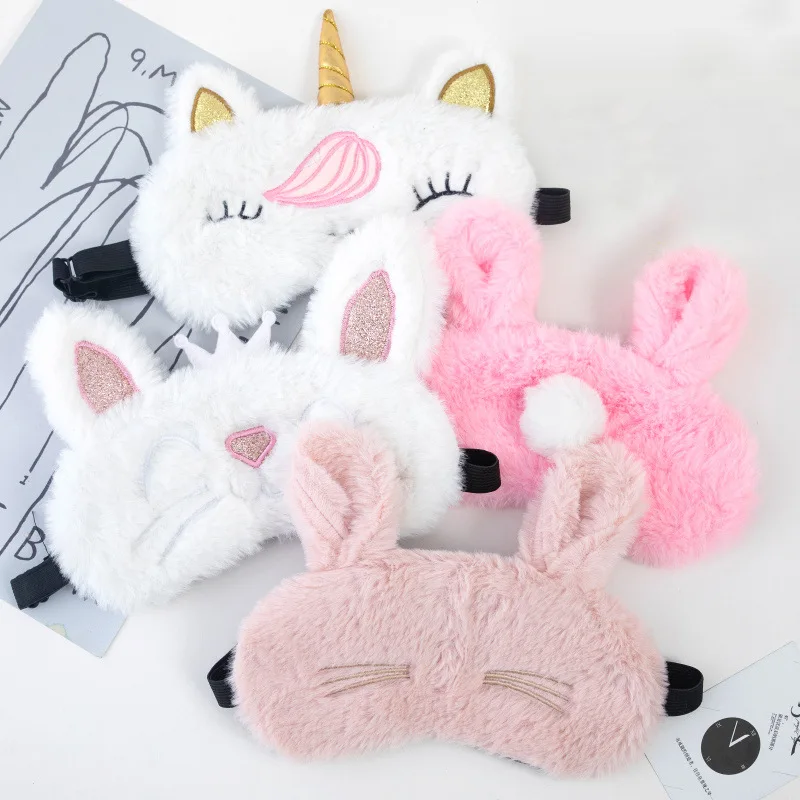 Wholesale Colorful Plush Blindfold Eyes Patch Cover Comfortable Travel Cute Unicorn Rabbit Sleep Eyes Shade
