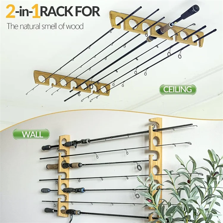 Baitcasting Spinning Reels Rod Storage Wood Fishing Pole Wall Rack Fishing Rod Racks Bamboo Fishing Rod Holders for Garage