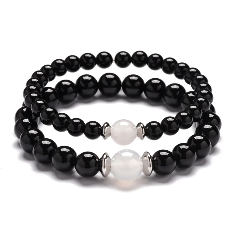 6mm 8mm Natural Black Onyx White Onyx Red Carnelian Agate Stainless Steel Spacer Couple Stone Stretch Bracelet