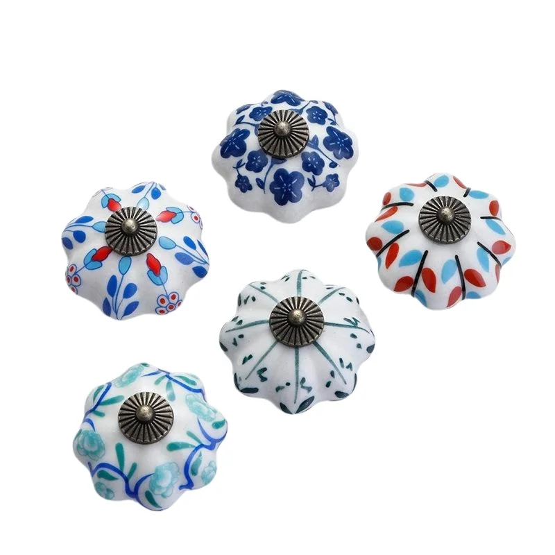 Hand painted ceramic handles blue and white porcelain classical cabinet doors drawers rural pumpkin furniture handles