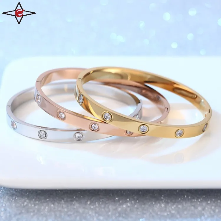 Custom Stainless Steel Love 24k Gold Plated Bracelet Bangle Jewelry Luxury 18k Women Zirconia Bangle