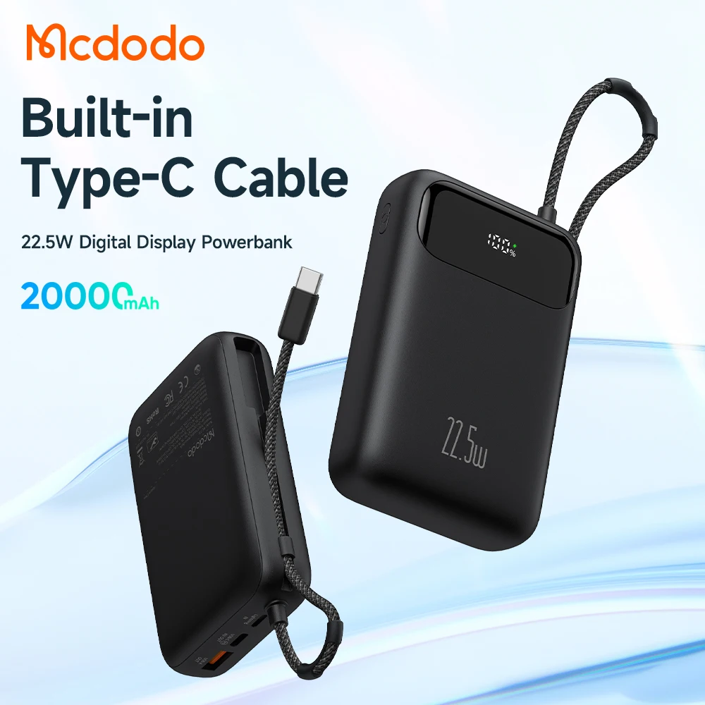 Mcdodo 372 20000mAh Power Bank with USB-C Cable 20W PD Charging Max 22.5W USB C Cable Power Bank For iPhone 15 Pro max Android