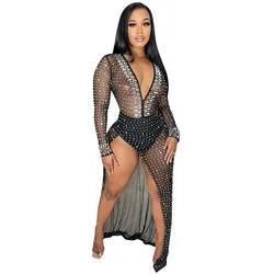 H9531 - High Quality trending new fashion long sleeve rhinestones women split dress club wear