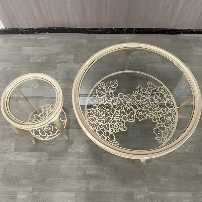 MR Modern Solid Wood Round Center Table Living Room Coffee Table Tempered Glass Top Stainless Steel Hollow Tea Table