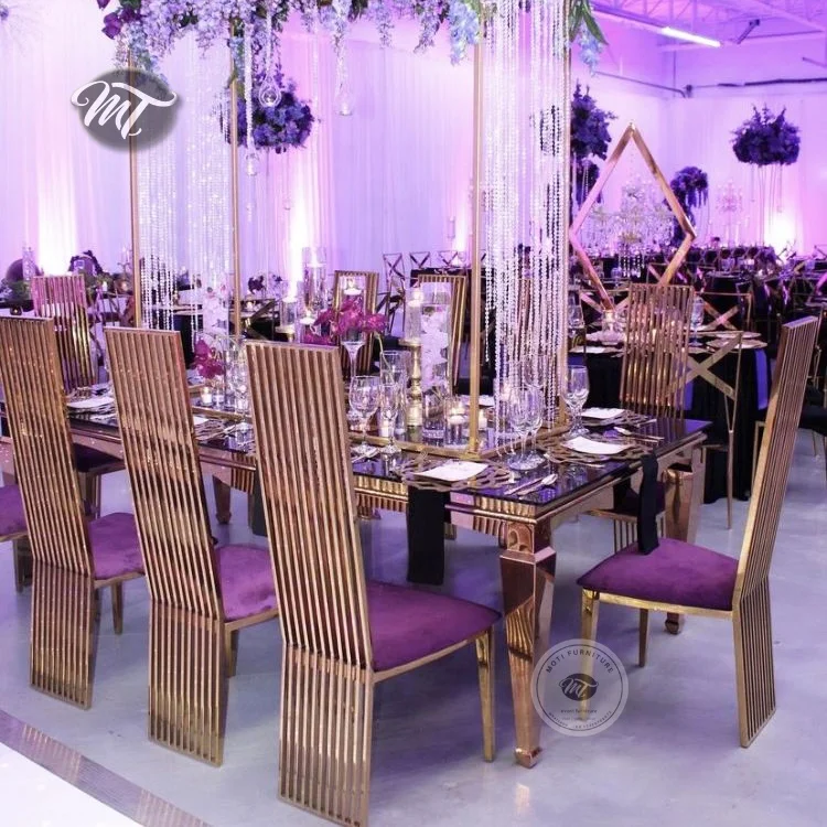 Wholesale dubai indoor and outdoor wedding glass top gold metal table and chairs sets