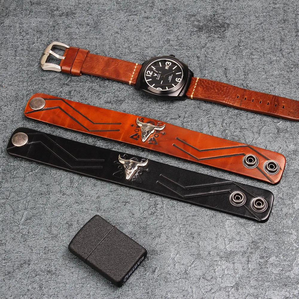 Europe And The United States  Men Leather Alloy Bull Head Punk Wide Leather Orange Bangle & Bracelet