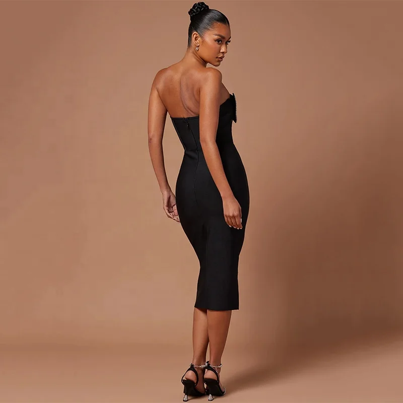 BA422 Black Peach Heart Crystal Bandage Dress Women Spring 2024 Sexy Strapless Mesh Party Midi Dresses Fashion Bodycon Vestidos