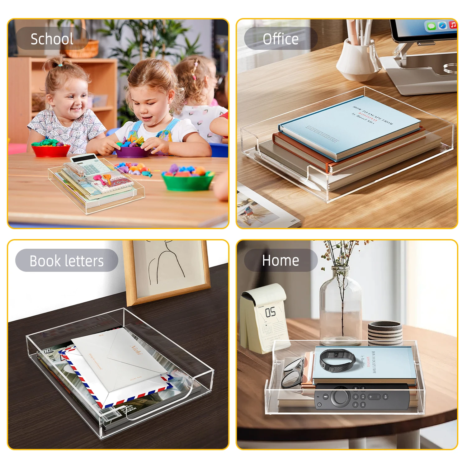 Acrylic Clear Letter Tray Desk Organizer for Paper Documents Files Stationery-Storage Bin for Magazines Folders Notebooks