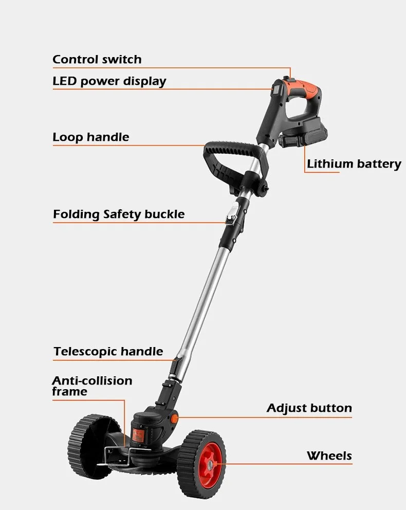 21V Folding Handle Electric Lithium Garden Tool Cordless Hand Push Two Wheels Brush Cutter Power Grass String Trimmer Battery