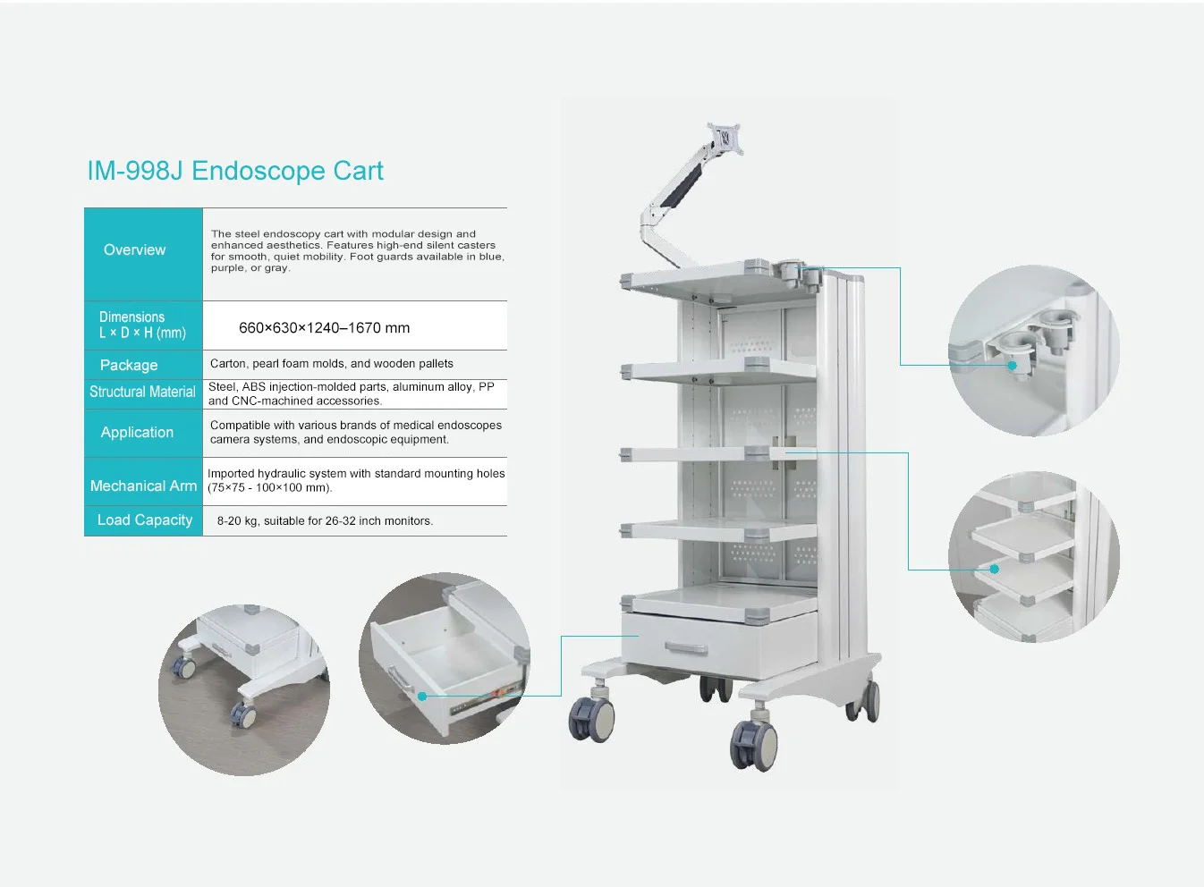 Advanced Medical Endoscope Trolley With Hydraulic Arm for 26 to 32 Inch Monitors