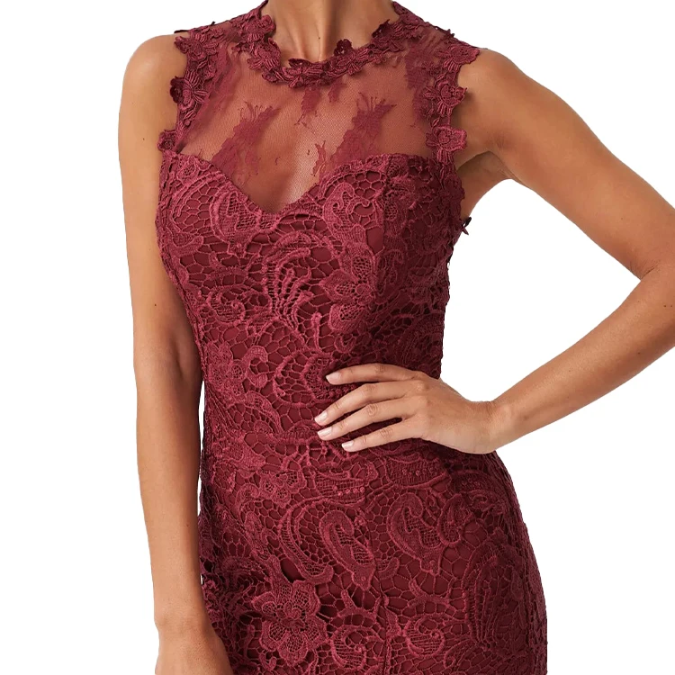 Fashion Women V-neck Sleeveless Black Lace Slit Dress Print Slim Long Party Dress for Ladies