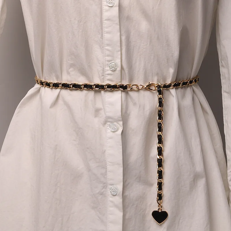 Single Layer Gold Ladies Black PU Dress Waist Chain Belt With Round Bead Heart Flower