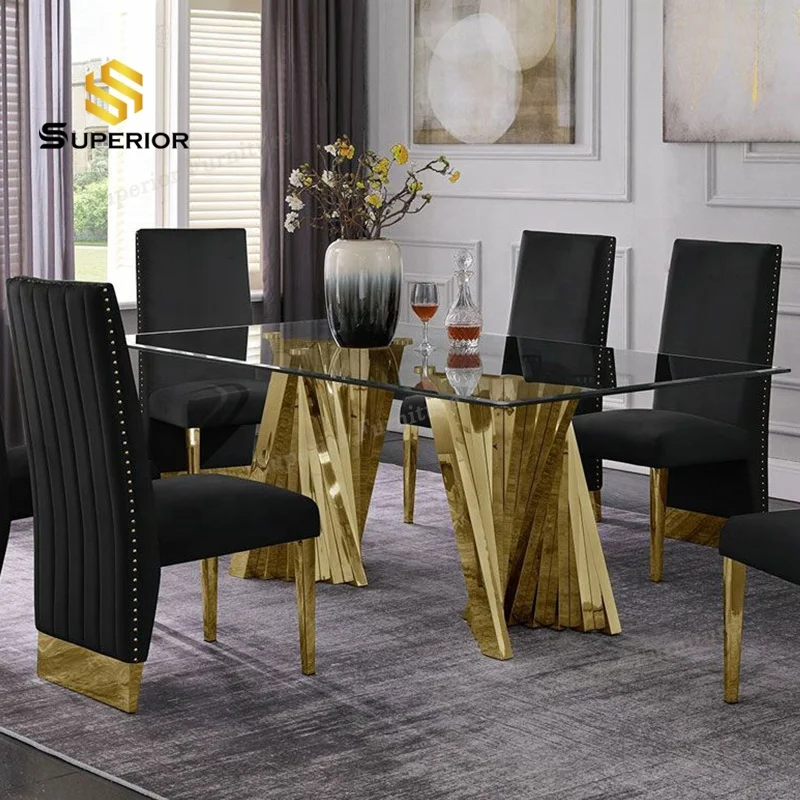 manufacturer  wholesale Interior dining table and chair set modern glass top gold dinning table