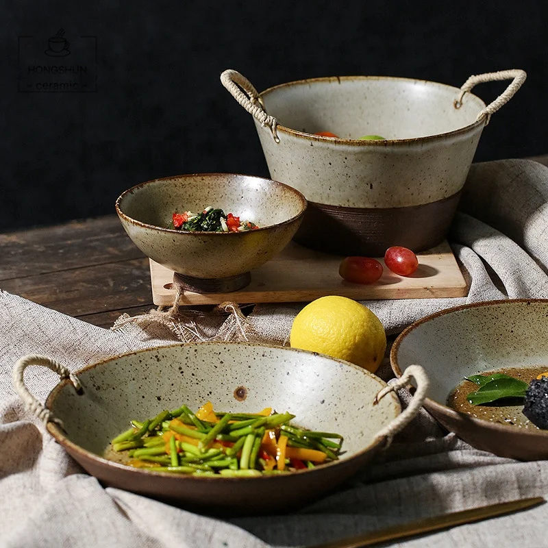 Скандинавская керамическая посуда в стиле ретро, глубокая тарелка из пеньковой веревки, керамическая большая тарелка для супа, Салатница