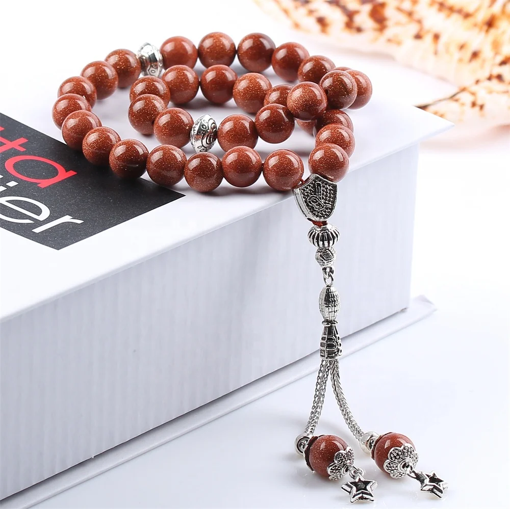Wholesale Gold/blue/green sand Stone Misbaha Islamic Prayer Beads muslim Tasbih Tasbeeh Rosary