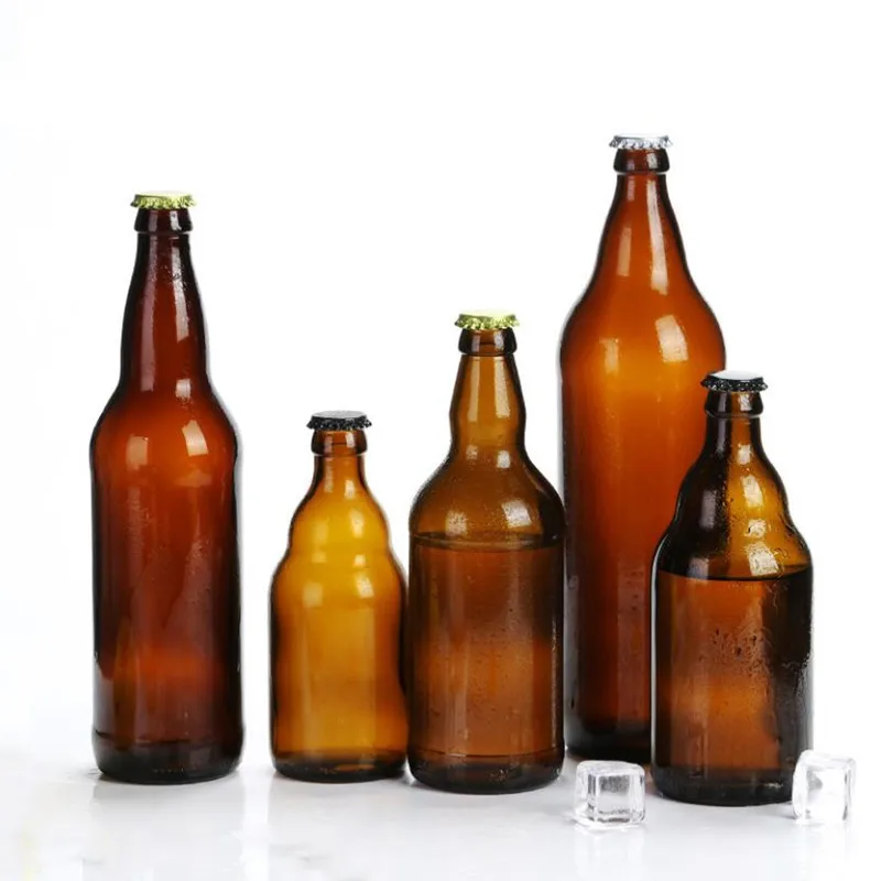 
Hot Sell amber and clear Empty Glass Beer Bottle for Sparkling Wine Alcohol Juice Beverage with metal crown cap 