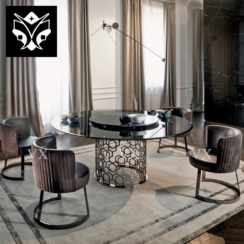 Hot Selling Quality Stainless Steel Base Round Marble Dining Table Set With Lazy Susan For Dining Room Home Furniture
