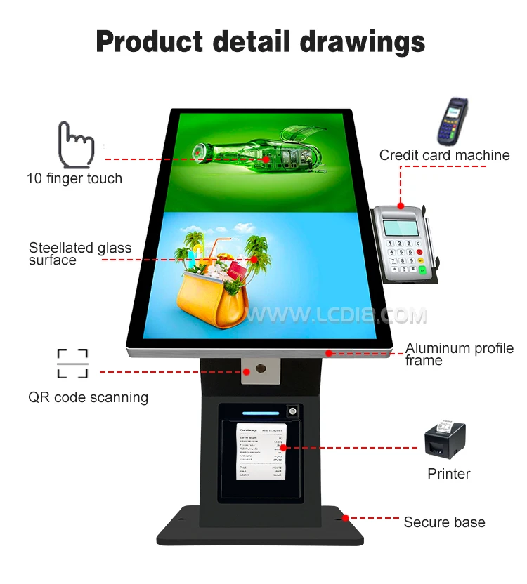 15.6 21.5 24 inch reception desk self checkout kiosks self check in kiosk hotel with 80MM printer QR scanner