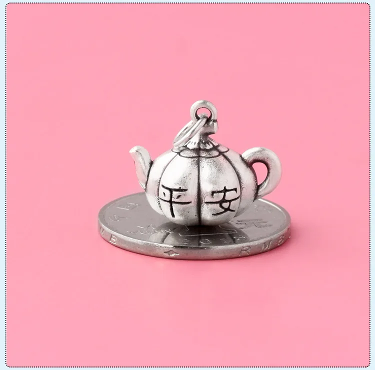 Ping an Unisex Retro Ruyi Small Teapot Pendant Hip Flask Accessories Silver Plated 999 DIY Pendant