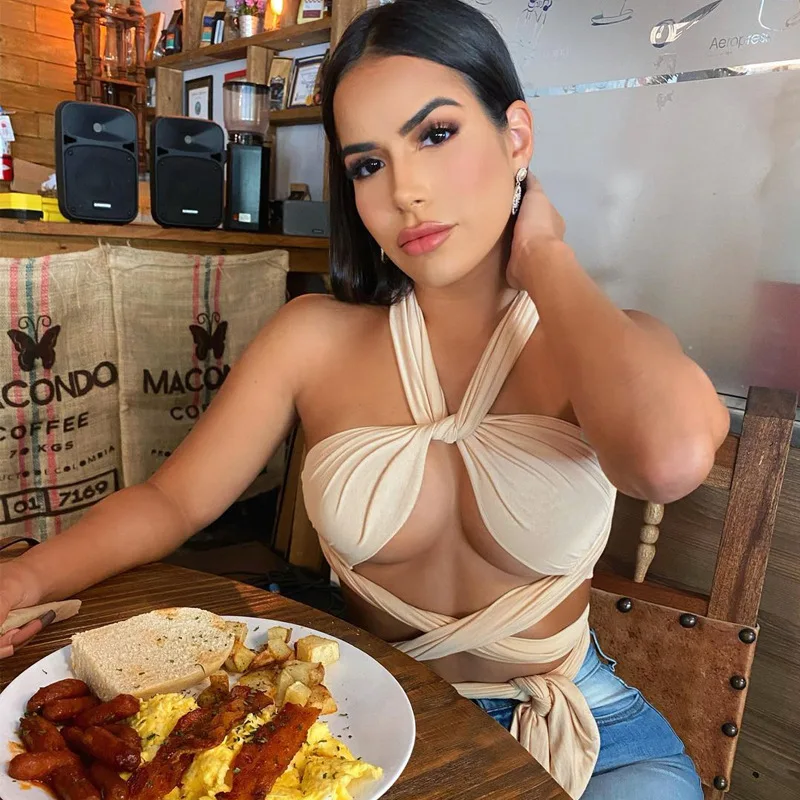 
New Trending Elastic Halter Sleeveless Spring Crop Top Sexy Backless Crossover Party Nightclub Tank Tops For Women 