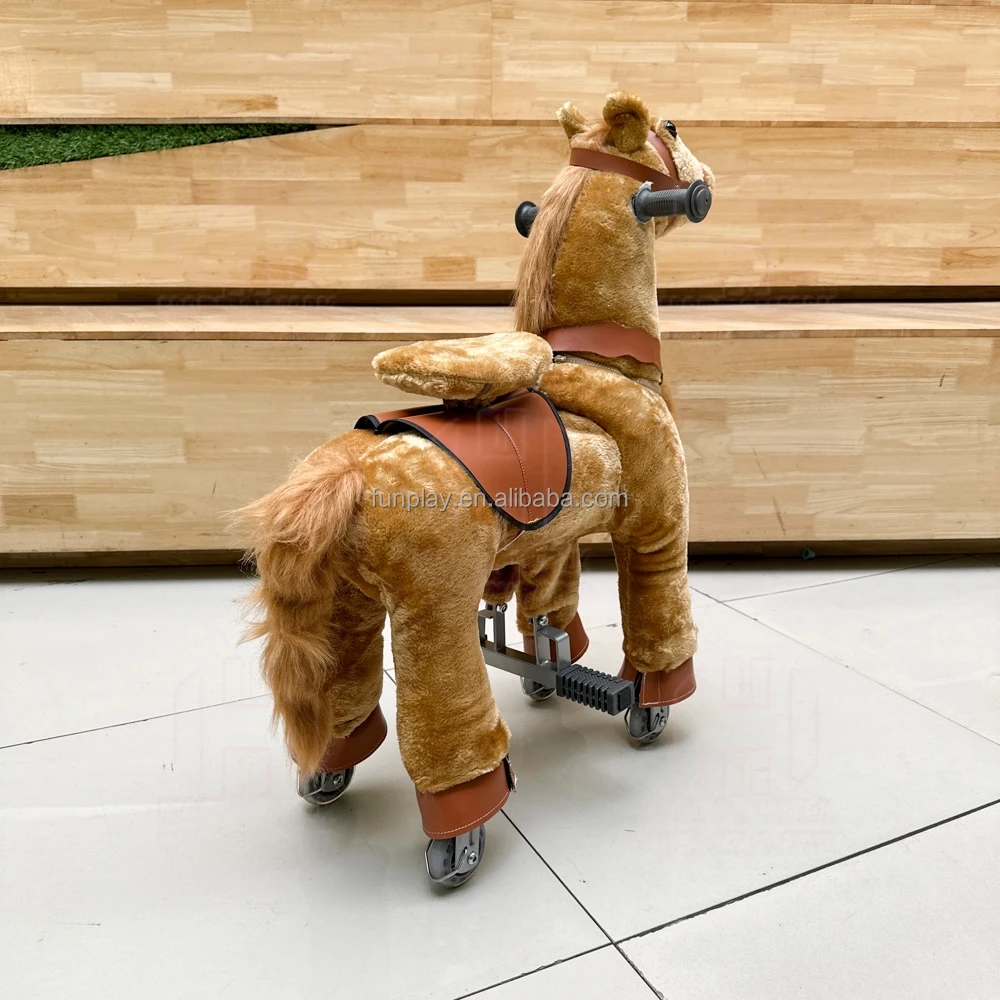 Cute hot sale light brown color mechanical horse with wheels toddler toys animals riding ride on animals for kids