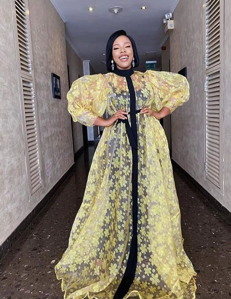 Yellow Print High Waist Skirt Large Size Hubble-bubble Sleeve Evening Dresses For Women