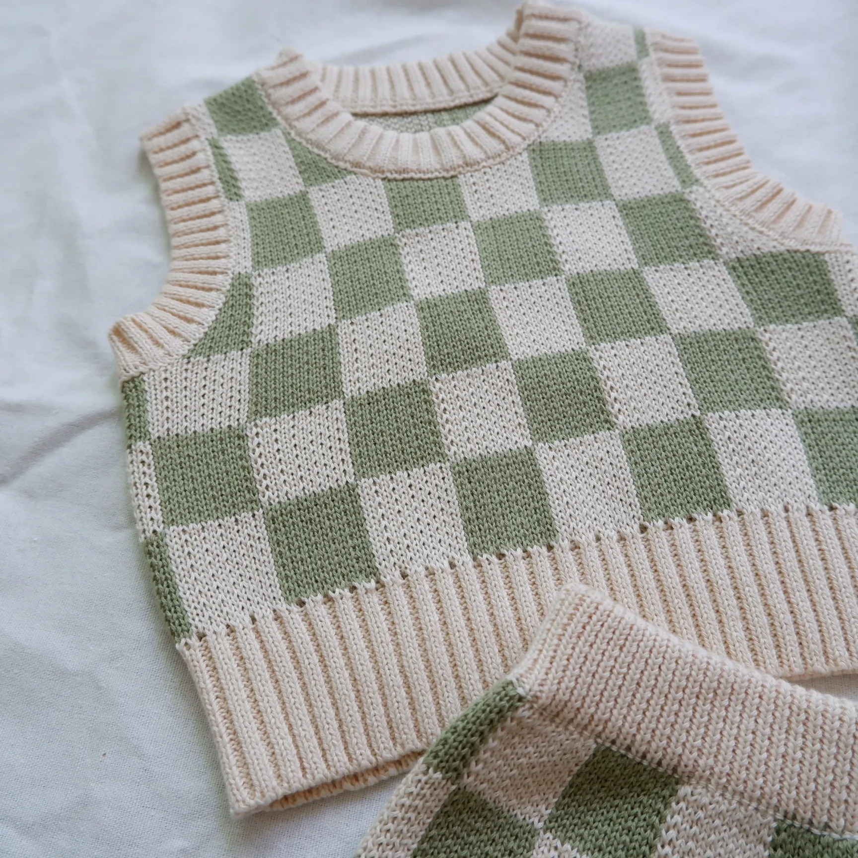 Custom Toddler Baby Knitwears Summer Checkers Knitted Tank Tops Shorts Set