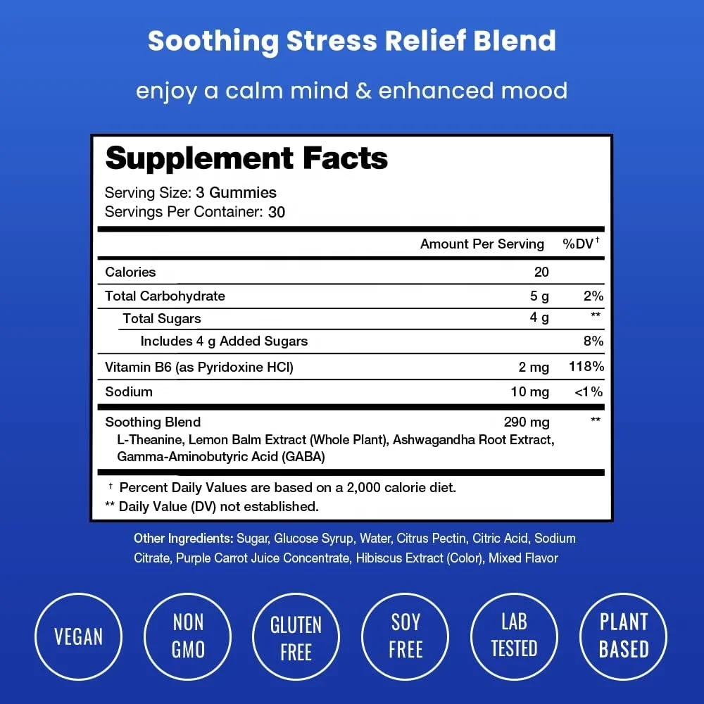 Ashwagandha Calm Gummies Stress Supplement with Ashwagandha L-Theanine, GABA Vitamin B6 Supports Mood Focus Stress Relief Vegan