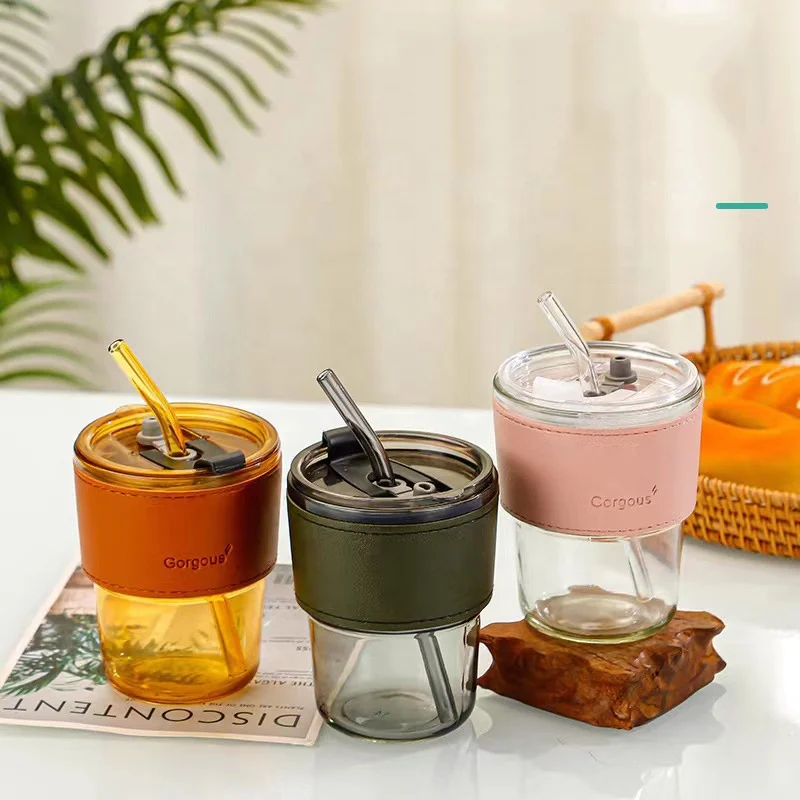Coffee Mug Sleeve Case Customized PU Heat Insulation Clear Glass Cup Glass Water Bottle Cup Leather Wrapped with Straw