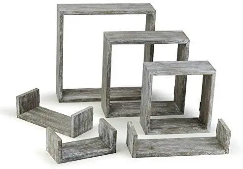 Floating Shelves Set of 6  Rustic Wood Wall Shelves with 3 Square Boxes and 3 Small U Shelves