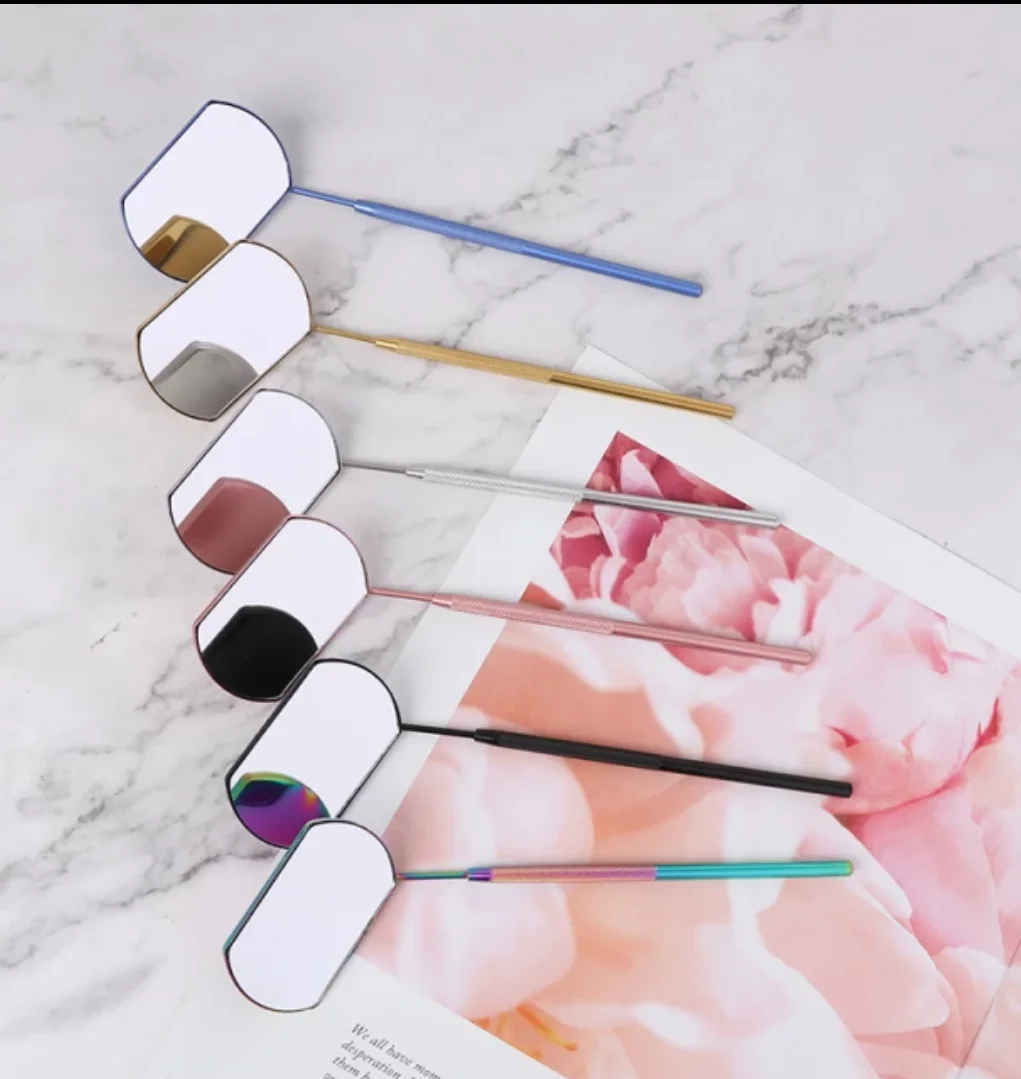 Custom Logo lash checking mirror stainless steel half moon heart shape black white pink eyelash extension mirror