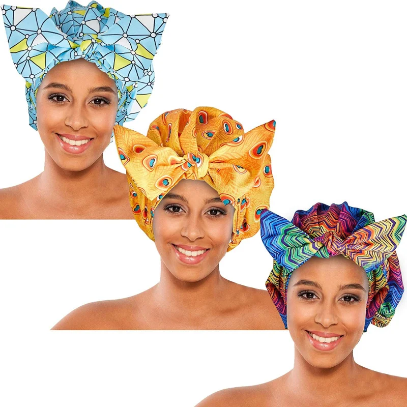 HZM 19021 Large African Print Women Waterproof Satin Bonnet Bow Knot Bathing Cap Reusable Sleep Hair Shower Cap