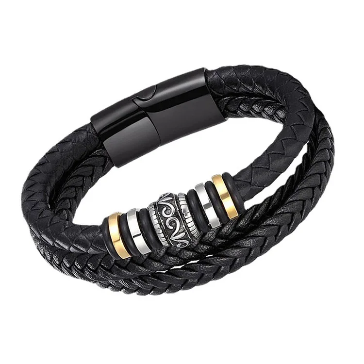 C083 High Quality  Fashion Leather Cord Bracelets Handmade Braided Multilayer Mens Magnetic Buckle Leather Bracelet