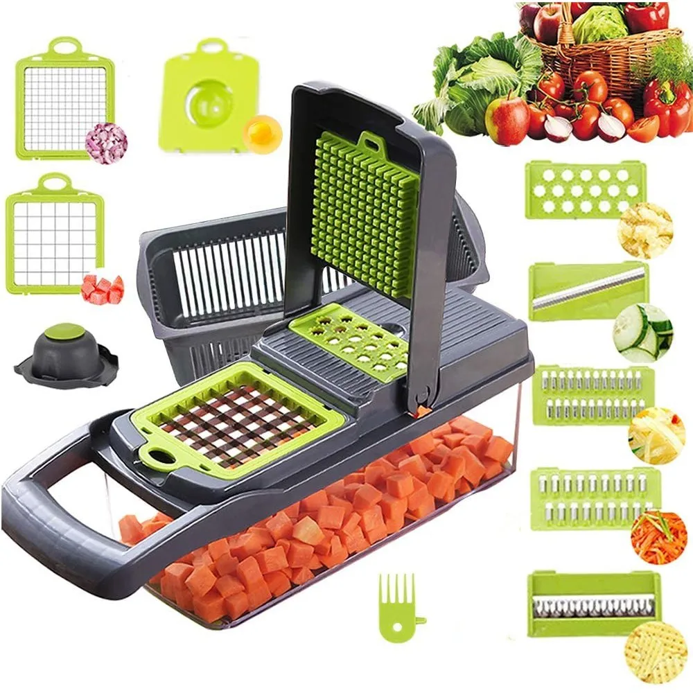 12 in 1 Handheld  Multi-functional Vegetable  Chopper Cutter slicer spiralizer peeler dicer  with Drain Basket for Kitchen